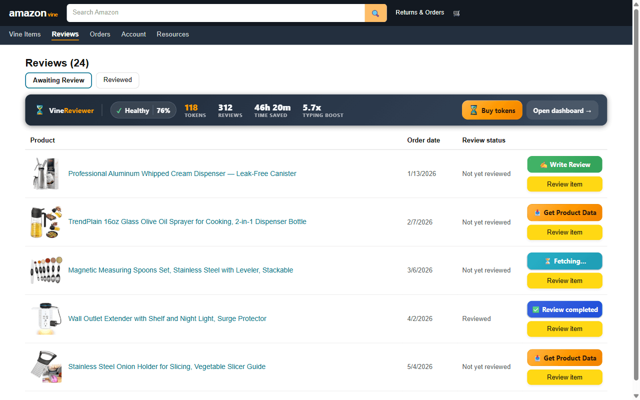 VineReviewer workflow buttons on Amazon Vine listing rows: Get Product Data, Fetching, Write Review, and Review completed states