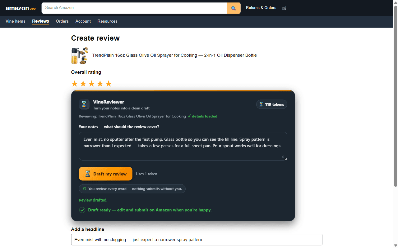 VineReviewer drafter card above Amazon's review form with a finished draft sitting in Amazon's review textarea
