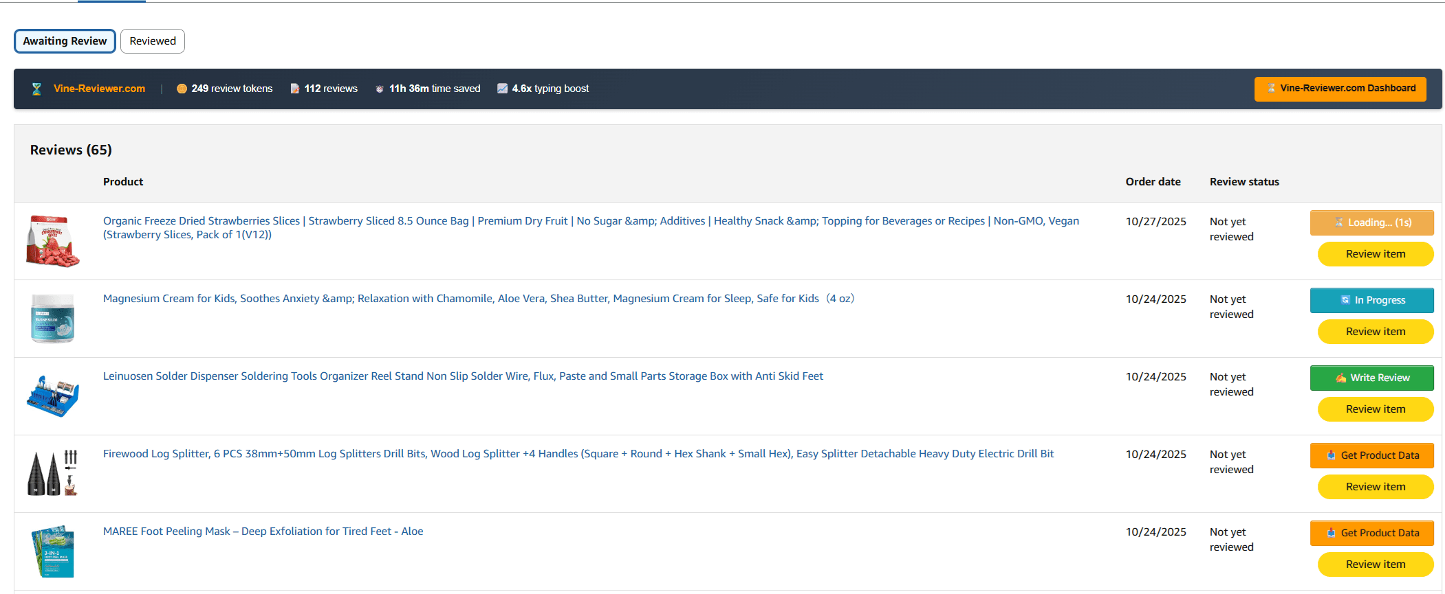 Vine-Reviewer.com extension panel on Amazon Vine product page