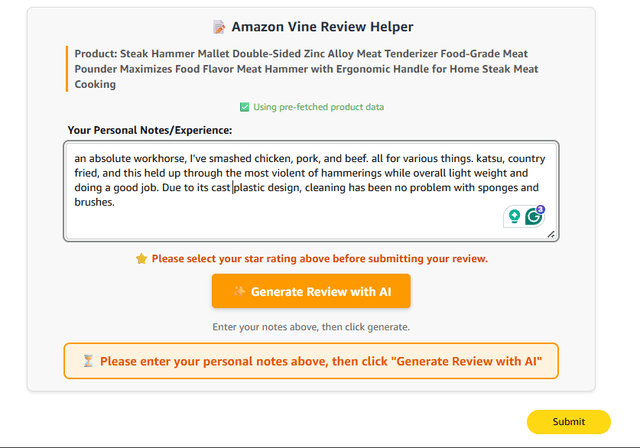 Vine-Reviewer generating a review from your notes